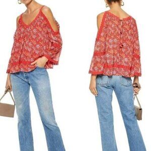 Rebecca Minkoff Deneuve Floral Cold Shoulder Blouse Size XXS Red Bell Sleeve